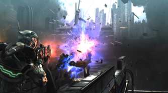 Screenshot from Vanquish video game of player character firing rifle at enemy target