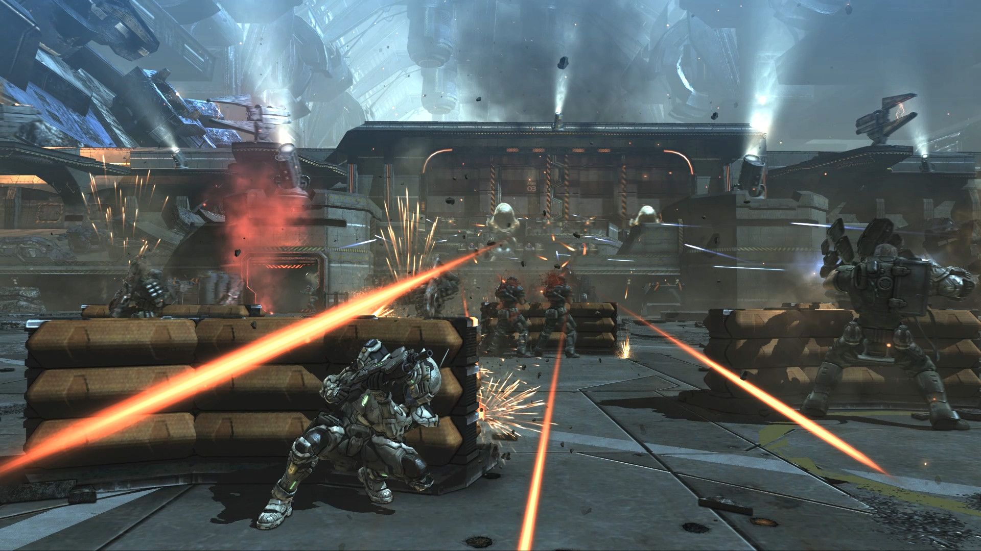 Screenshot from Vanquish video game of player character crouching behind cover during a firefight