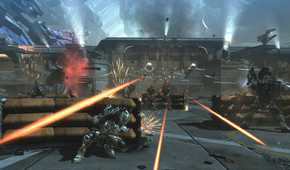 Screenshot from Vanquish video game of player character crouching behind cover during a firefight