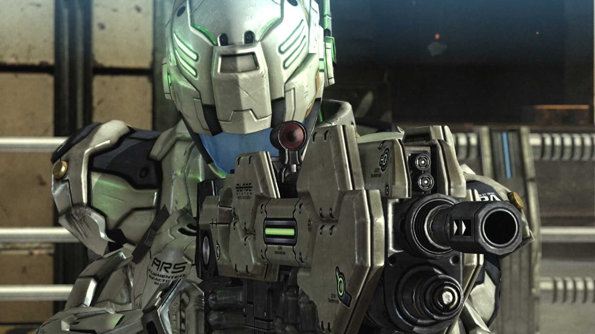 Screenshot from Vanquish video game of armored soldier aiming a rifle