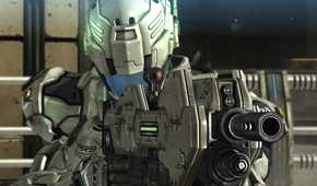 Screenshot from Vanquish video game of armored soldier aiming a rifle