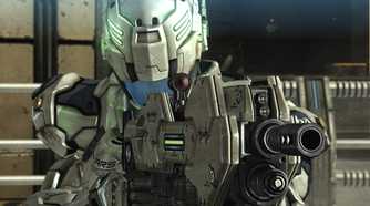 Screenshot from Vanquish video game of armored soldier aiming a rifle