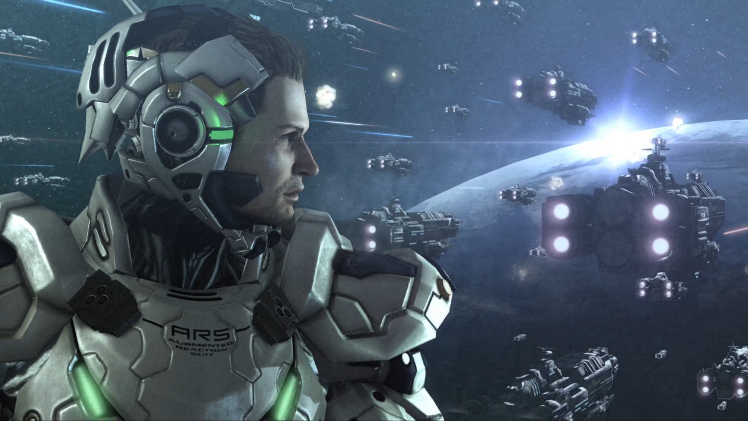 Screenshot from video game Vanquish of character in armored suit looking out to fleet of space ships