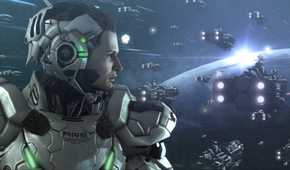 Screenshot from video game Vanquish of character in armored suit looking out to fleet of space ships