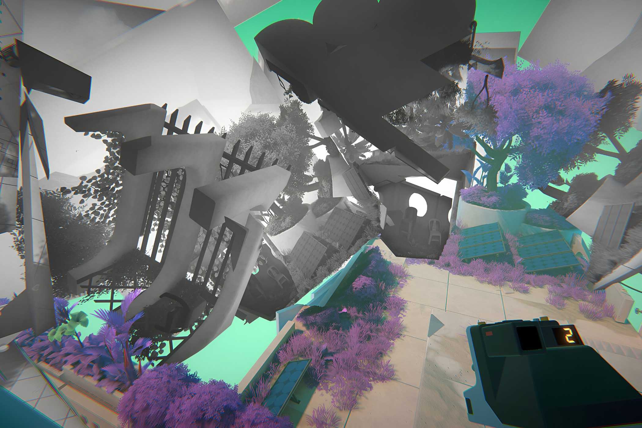 A screenshot from the game Viewfinder, showing multiple art styles and colors visually colliding.