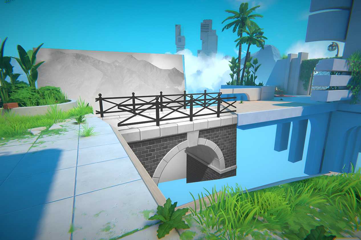 A screenshot from the game Viewfinder, shownig a drawn-on bridge placed in the middle of a realistic environment to cover a gap.