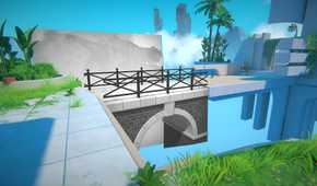 A screenshot from the game Viewfinder, shownig a drawn-on bridge placed in the middle of a realistic environment to cover a gap.