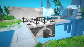 A screenshot from the game Viewfinder, shownig a drawn-on bridge placed in the middle of a realistic environment to cover a gap.