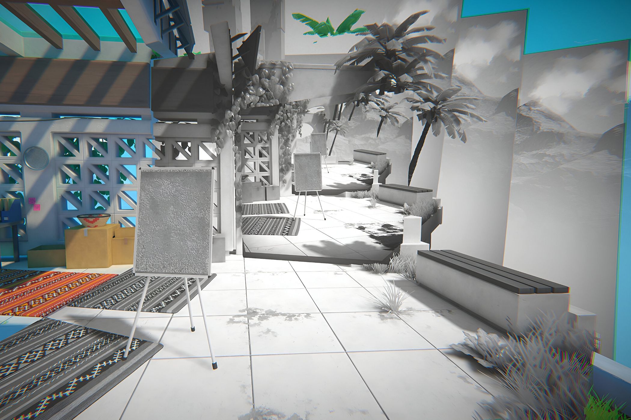 A screenshot from the game Viewfinder, showing multiple instances of the same black-and-white photograph taknig over a colored environement.