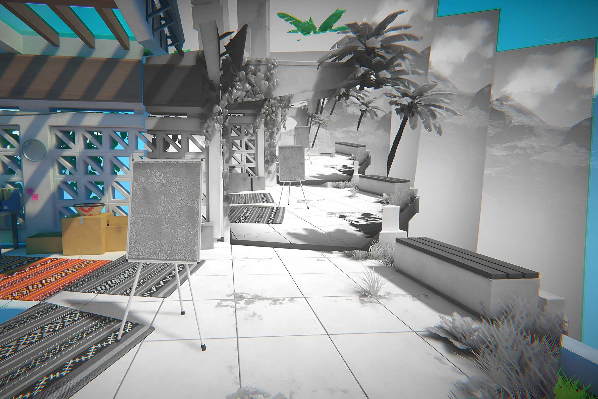A screenshot from the game Viewfinder, showing multiple instances of the same black-and-white photograph taknig over a colored environement.