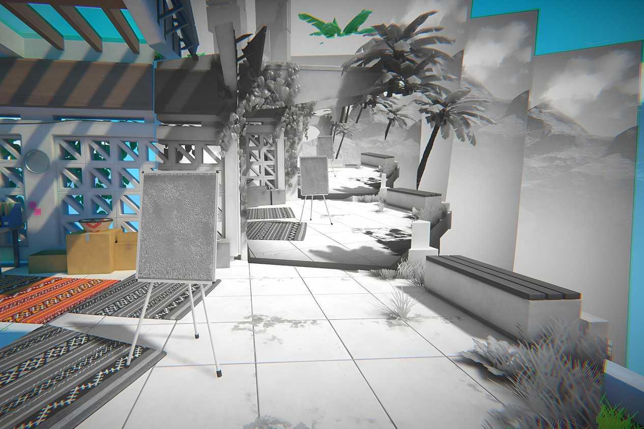A screenshot from the game Viewfinder, showing multiple instances of the same black-and-white photograph taknig over a colored environement.