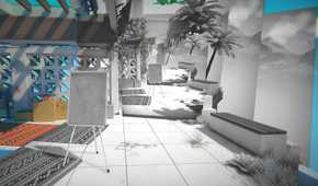 A screenshot from the game Viewfinder, showing multiple instances of the same black-and-white photograph taknig over a colored environement.