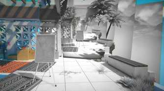A screenshot from the game Viewfinder, showing multiple instances of the same black-and-white photograph taknig over a colored environement.