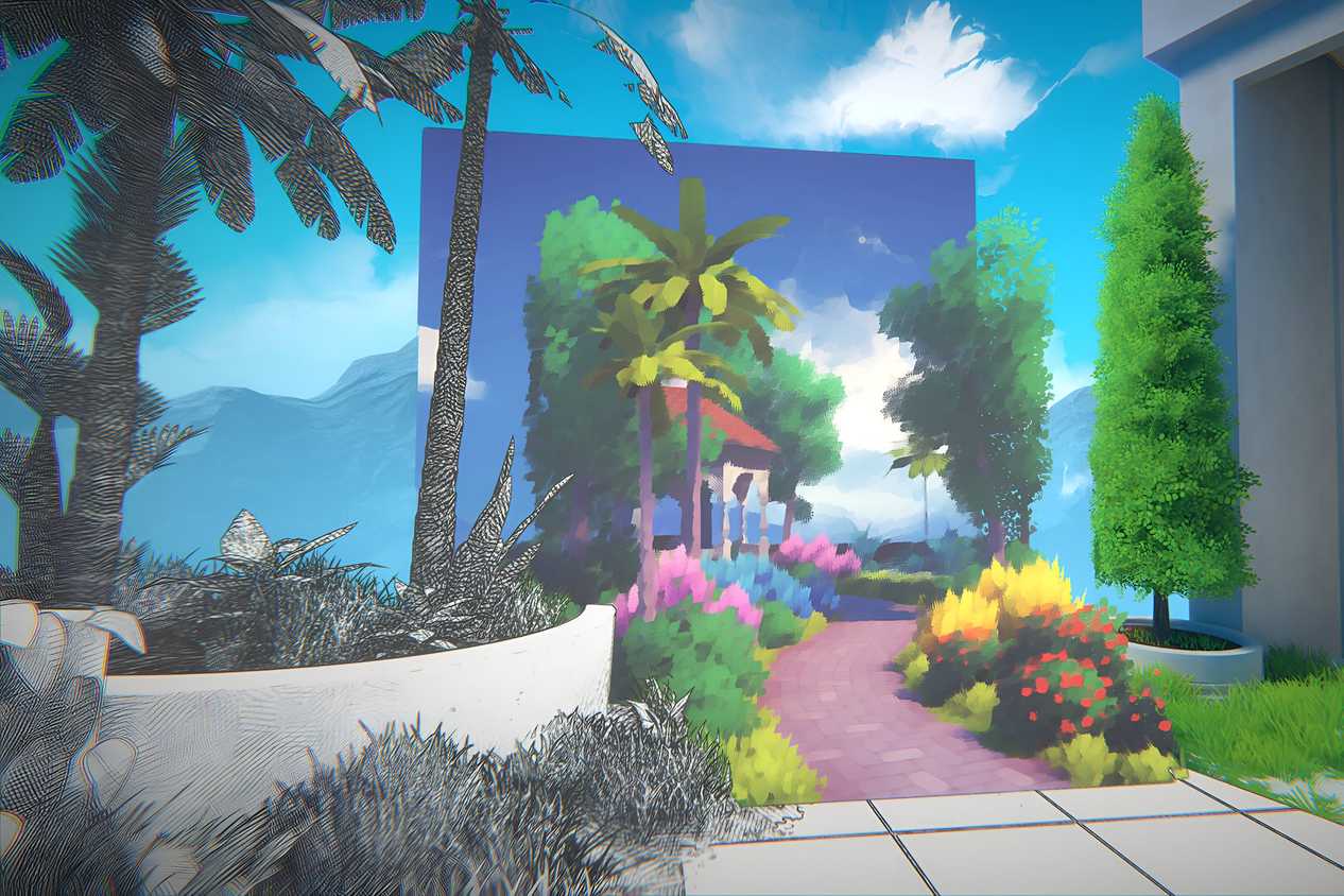 A screenshot from the game Viewfinder, shownig black-and-white, hand-drawn environments merging with a water-painted walkway lined with foliage.