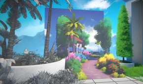 A screenshot from the game Viewfinder, shownig black-and-white, hand-drawn environments merging with a water-painted walkway lined with foliage.