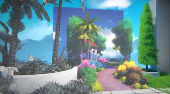 A screenshot from the game Viewfinder, shownig black-and-white, hand-drawn environments merging with a water-painted walkway lined with foliage.