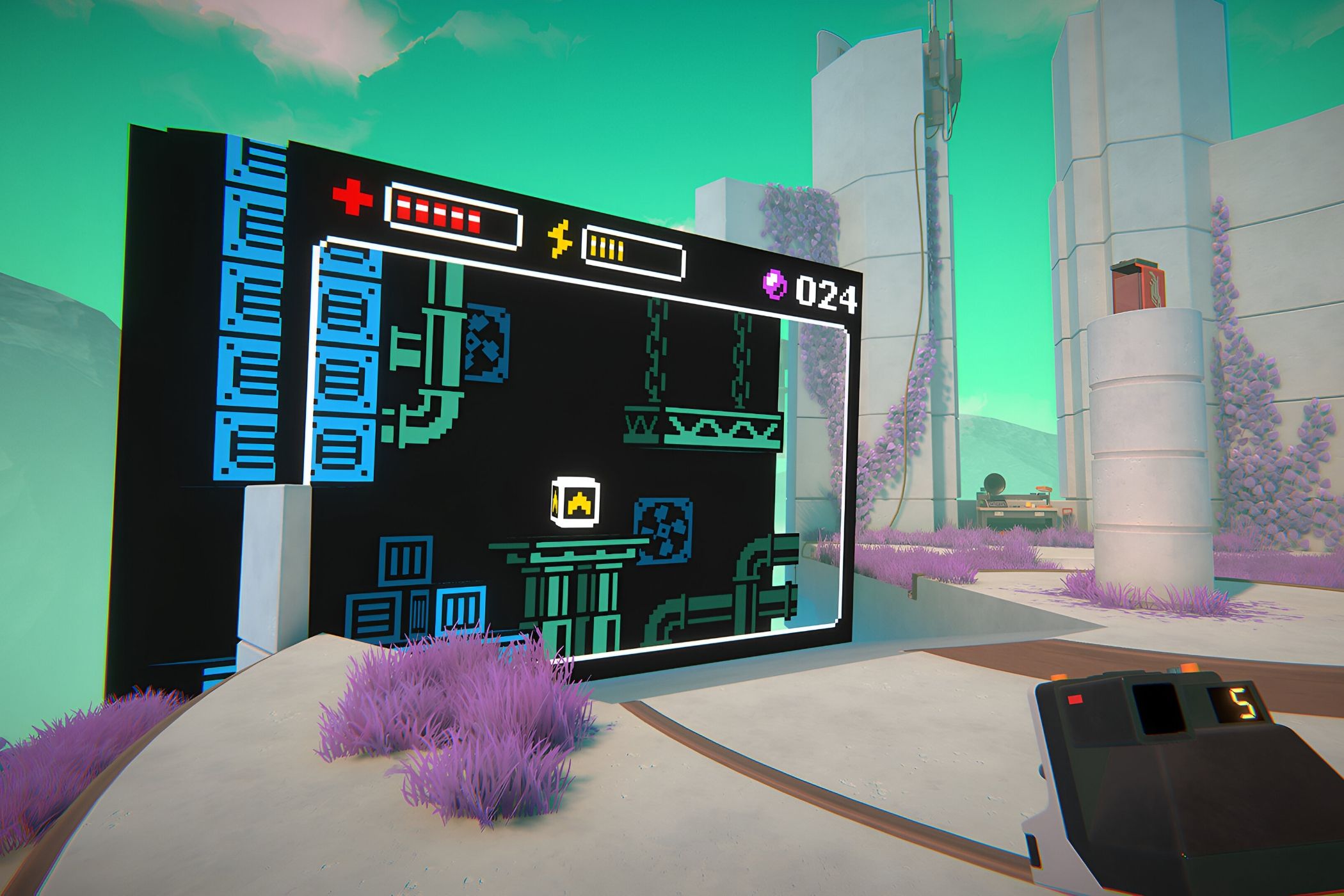 A screenshot from the game Viewfinder, showing a retro 8-bit environment in the middle of a rendered setting.