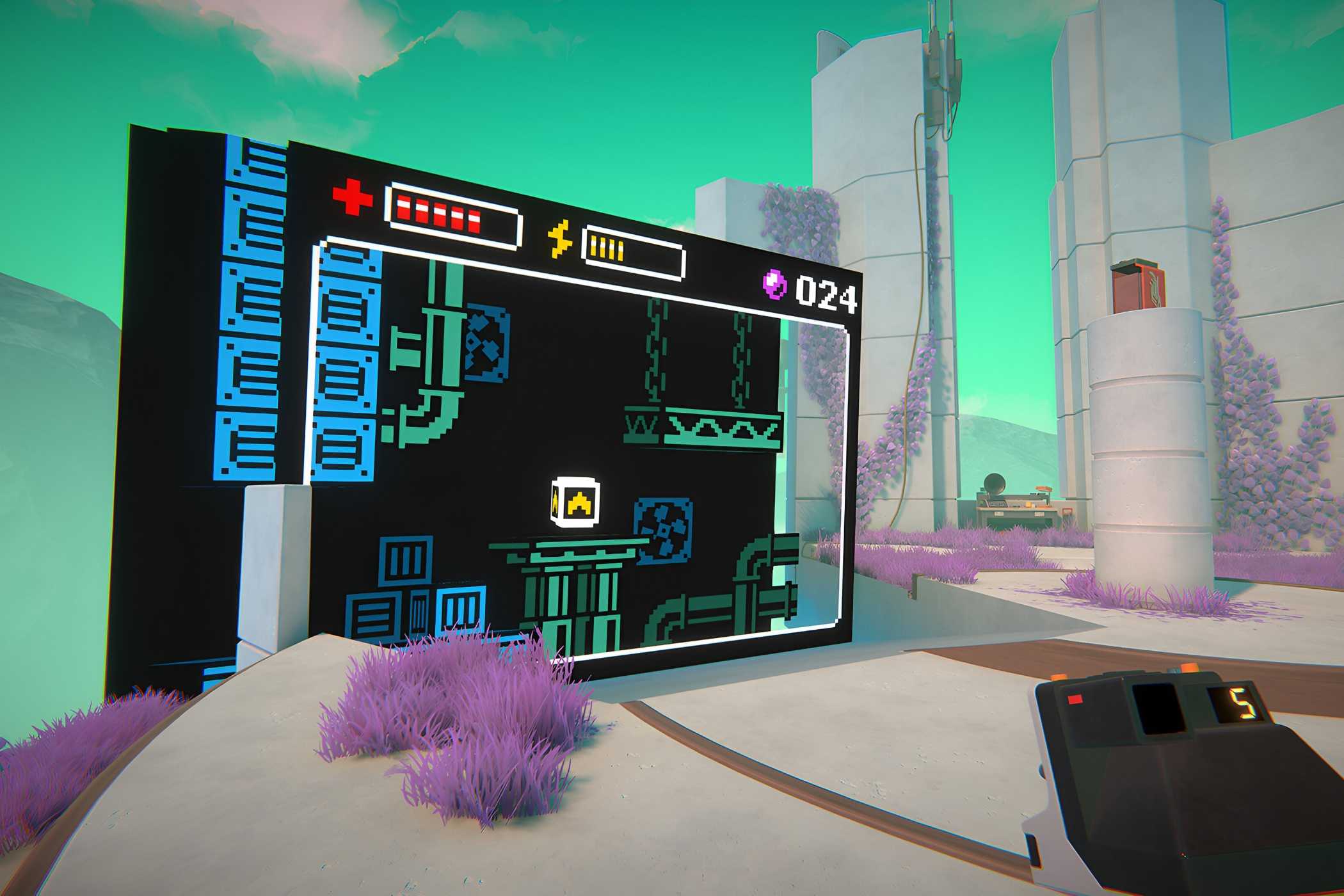 A screenshot from the game Viewfinder, showing a retro 8-bit environment in the middle of a rendered setting.