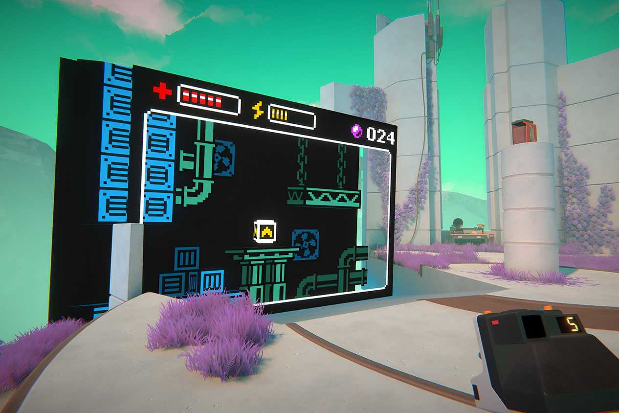 A screenshot from the game Viewfinder, showing a retro 8-bit environment in the middle of a rendered setting.
