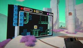 A screenshot from the game Viewfinder, showing a retro 8-bit environment in the middle of a rendered setting.