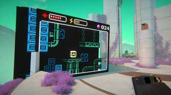 A screenshot from the game Viewfinder, showing a retro 8-bit environment in the middle of a rendered setting.