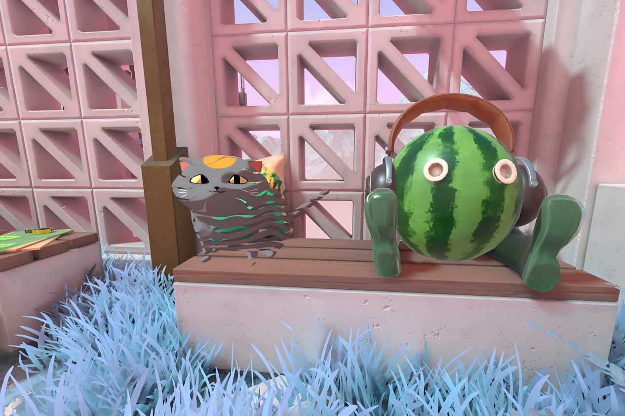 A screenshot from the game Viewfinder, showing a cat looking at the camera as it sits beside a watermelon wearing headphones.