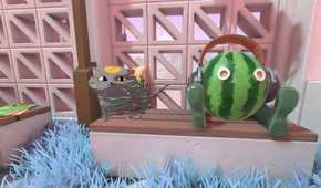 A screenshot from the game Viewfinder, showing a cat looking at the camera as it sits beside a watermelon wearing headphones.