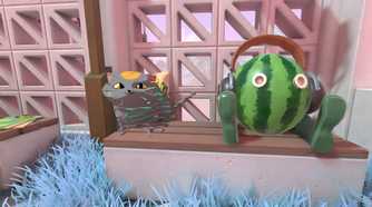 A screenshot from the game Viewfinder, showing a cat looking at the camera as it sits beside a watermelon wearing headphones.