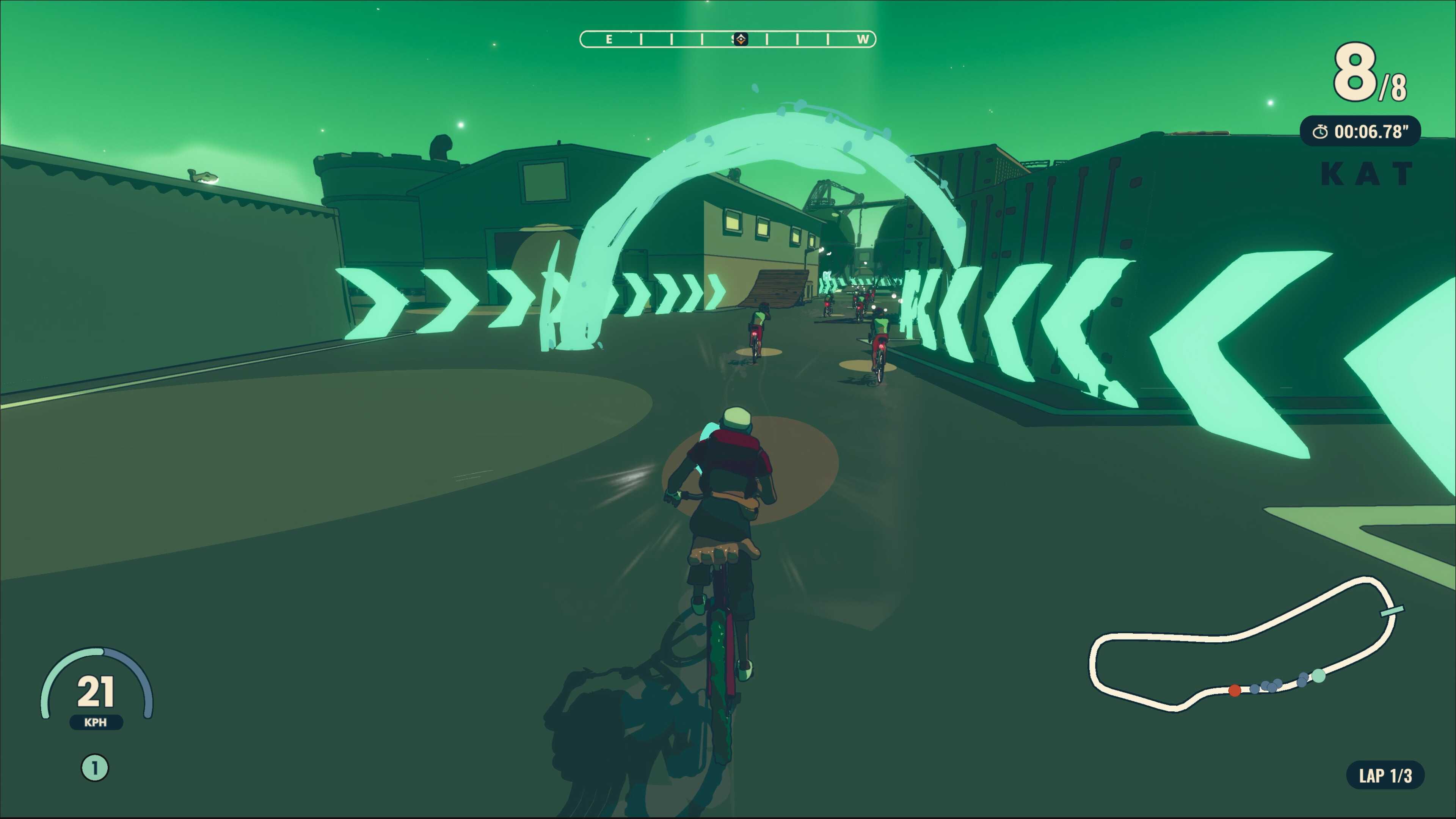 Screenshot from Wheel World video game of Kat and Skully racing other bikers