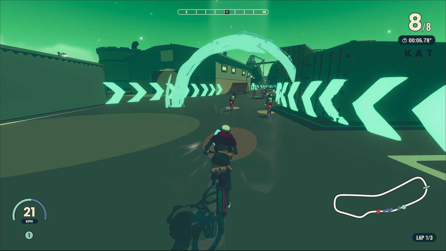 Screenshot from Wheel World video game of Kat and Skully racing other bikers