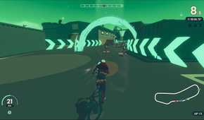Screenshot from Wheel World video game of Kat and Skully racing other bikers
