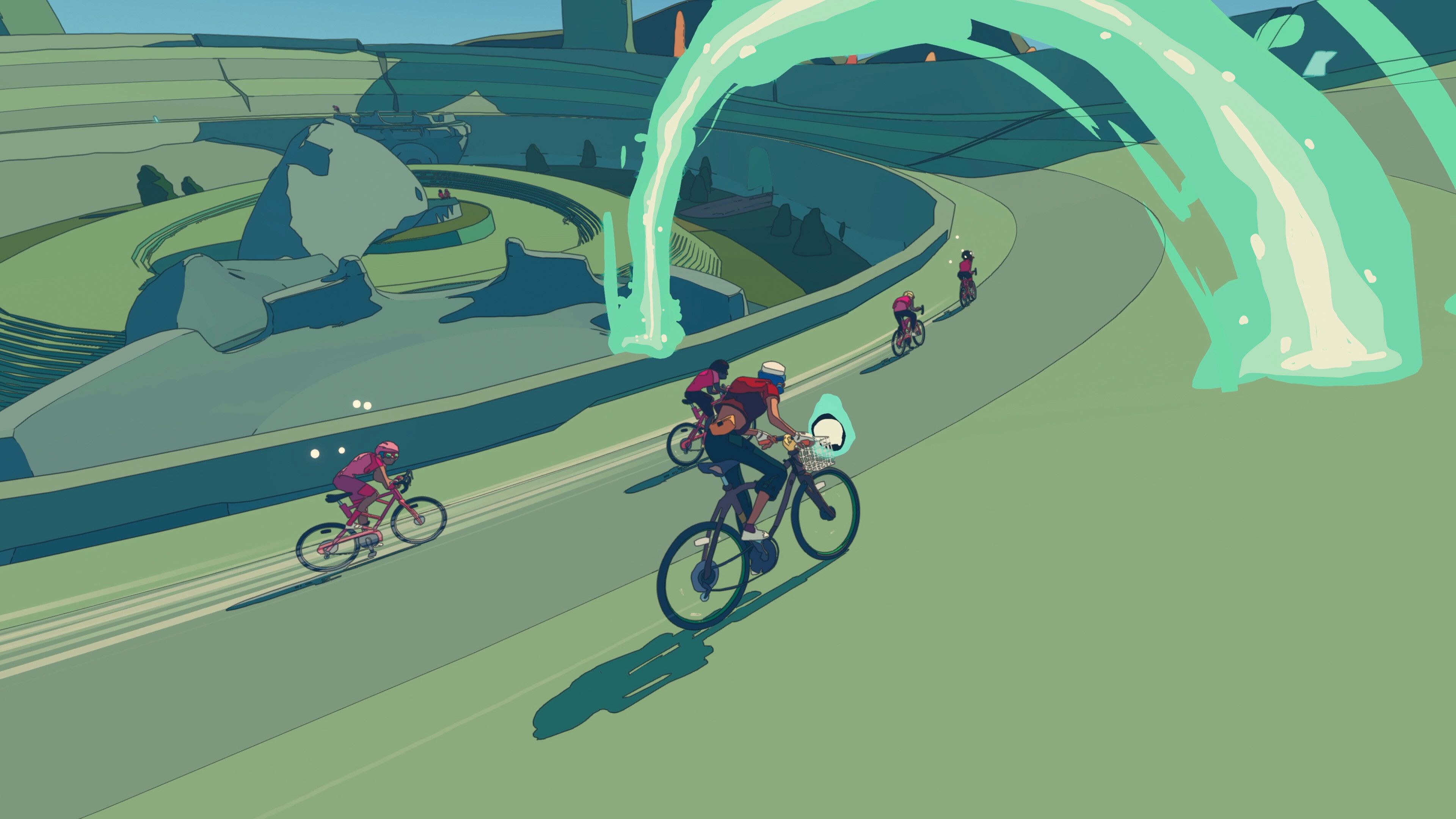 Screenshot from Wheel World video game of Kat and Skully in a bike race