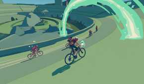 Screenshot from Wheel World video game of Kat and Skully in a bike race