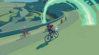 Screenshot from Wheel World video game of Kat and Skully in a bike race