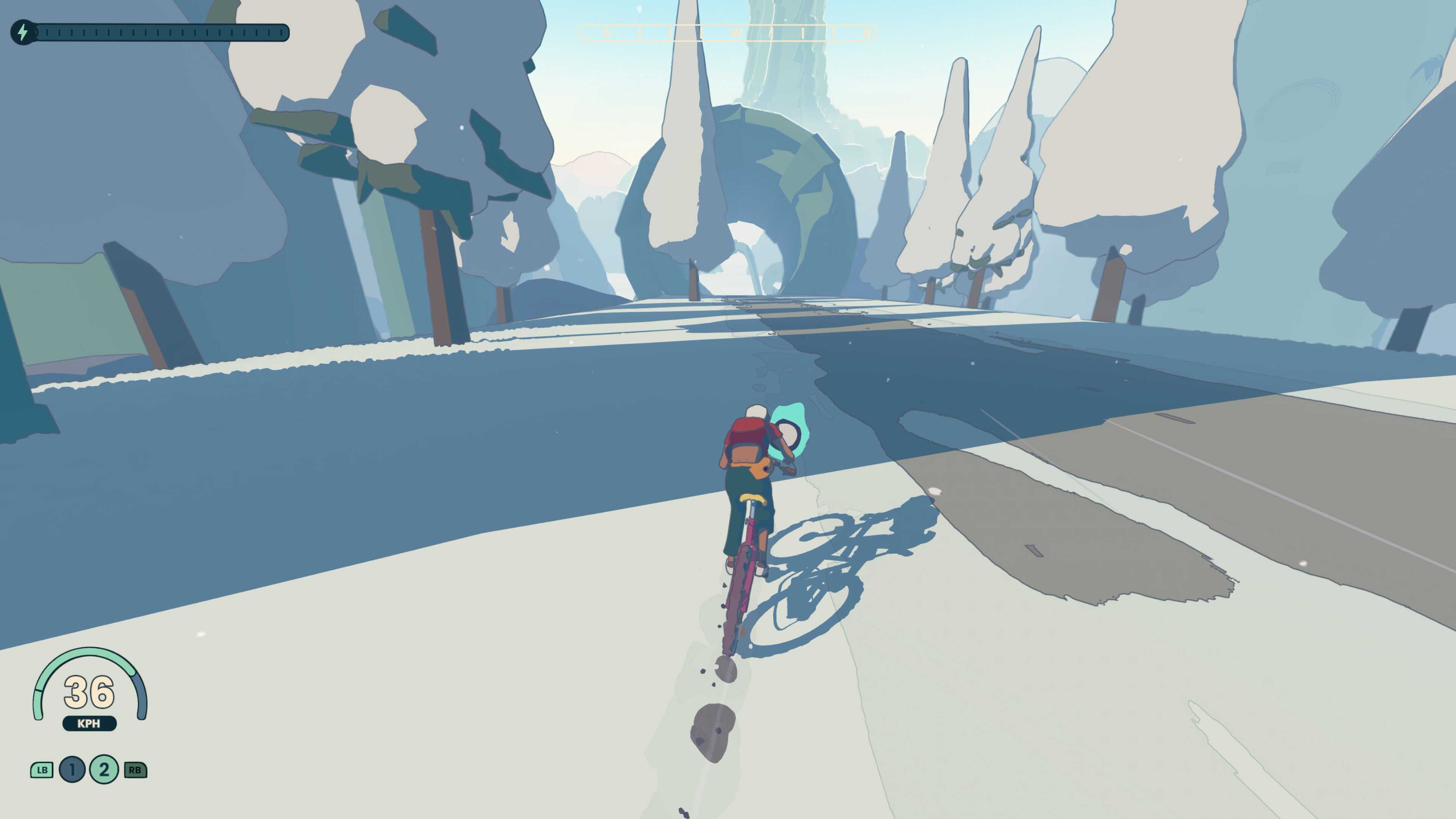 Screenshot from Wheel World video game of Kat and Skully riding their bike in a winter forest