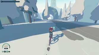 Screenshot from Wheel World video game of Kat and Skully riding their bike in a winter forest