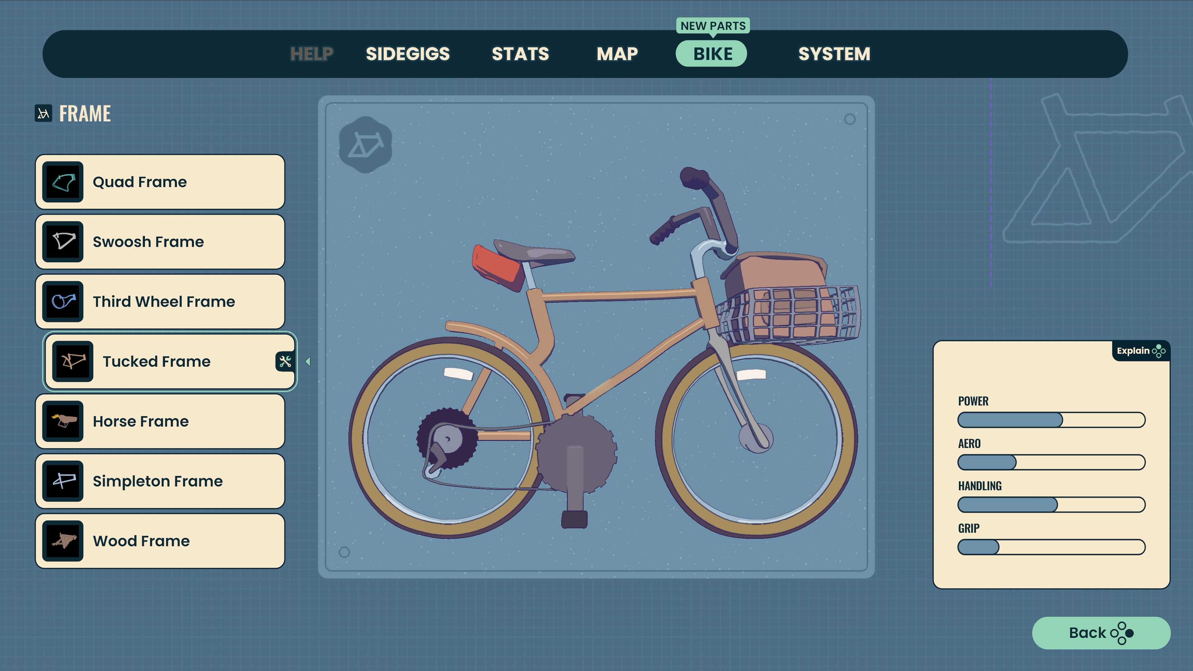 Screenshot from Wheel World video game of menu where you customize your bike