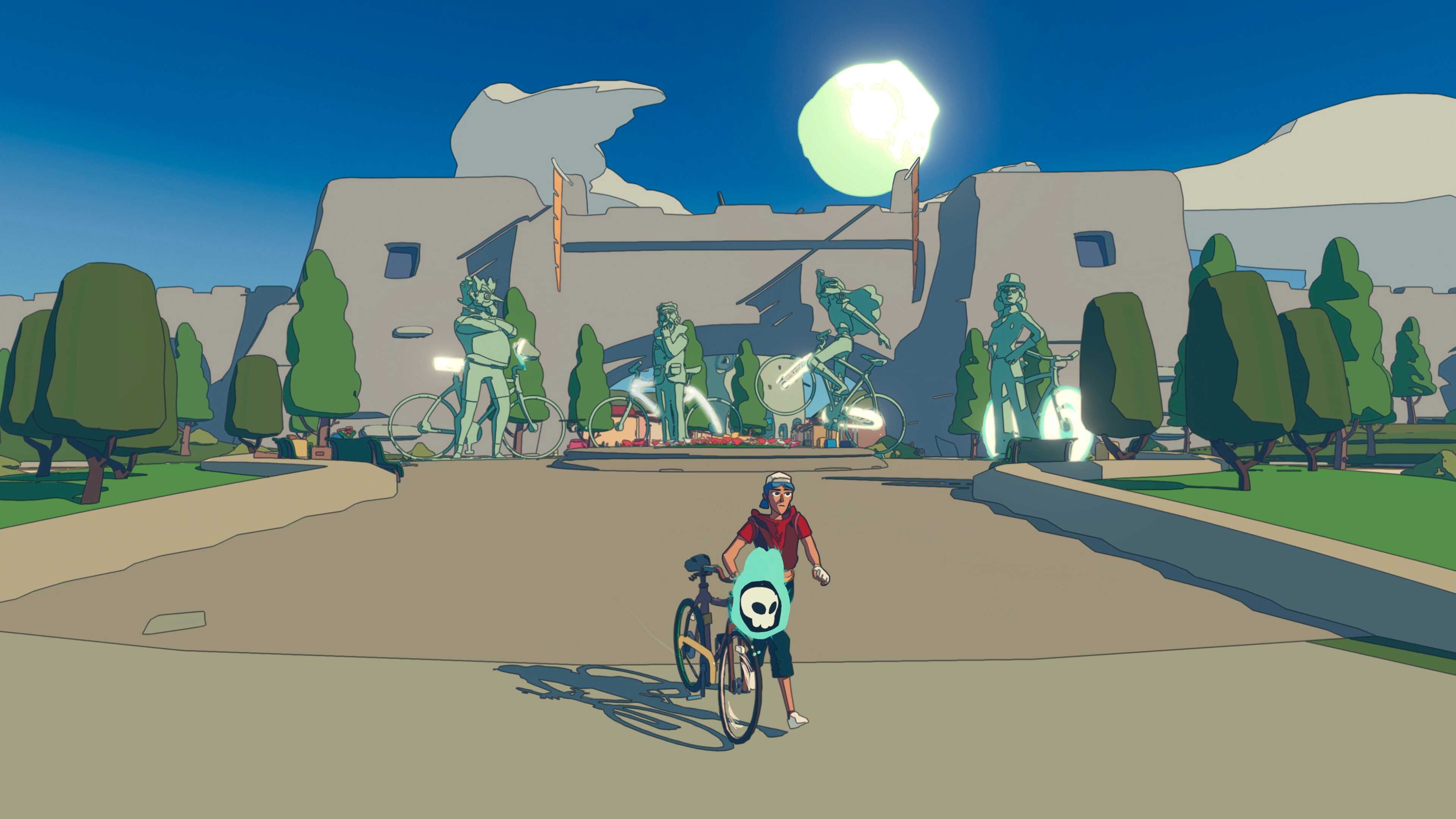 Screenshot from Wheel World video game of character's Kat and Skully standing with a bike and a large stone structure behind them