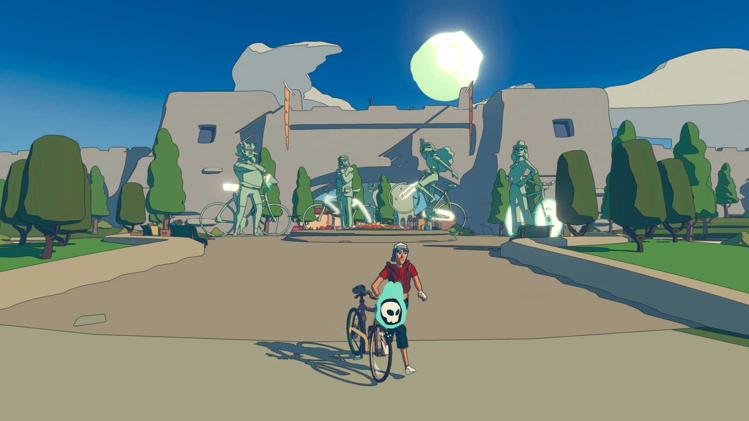 Screenshot from Wheel World video game of character's Kat and Skully standing with a bike and a large stone structure behind them