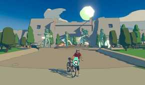 Screenshot from Wheel World video game of character's Kat and Skully standing with a bike and a large stone structure behind them
