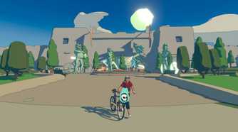 Screenshot from Wheel World video game of character's Kat and Skully standing with a bike and a large stone structure behind them