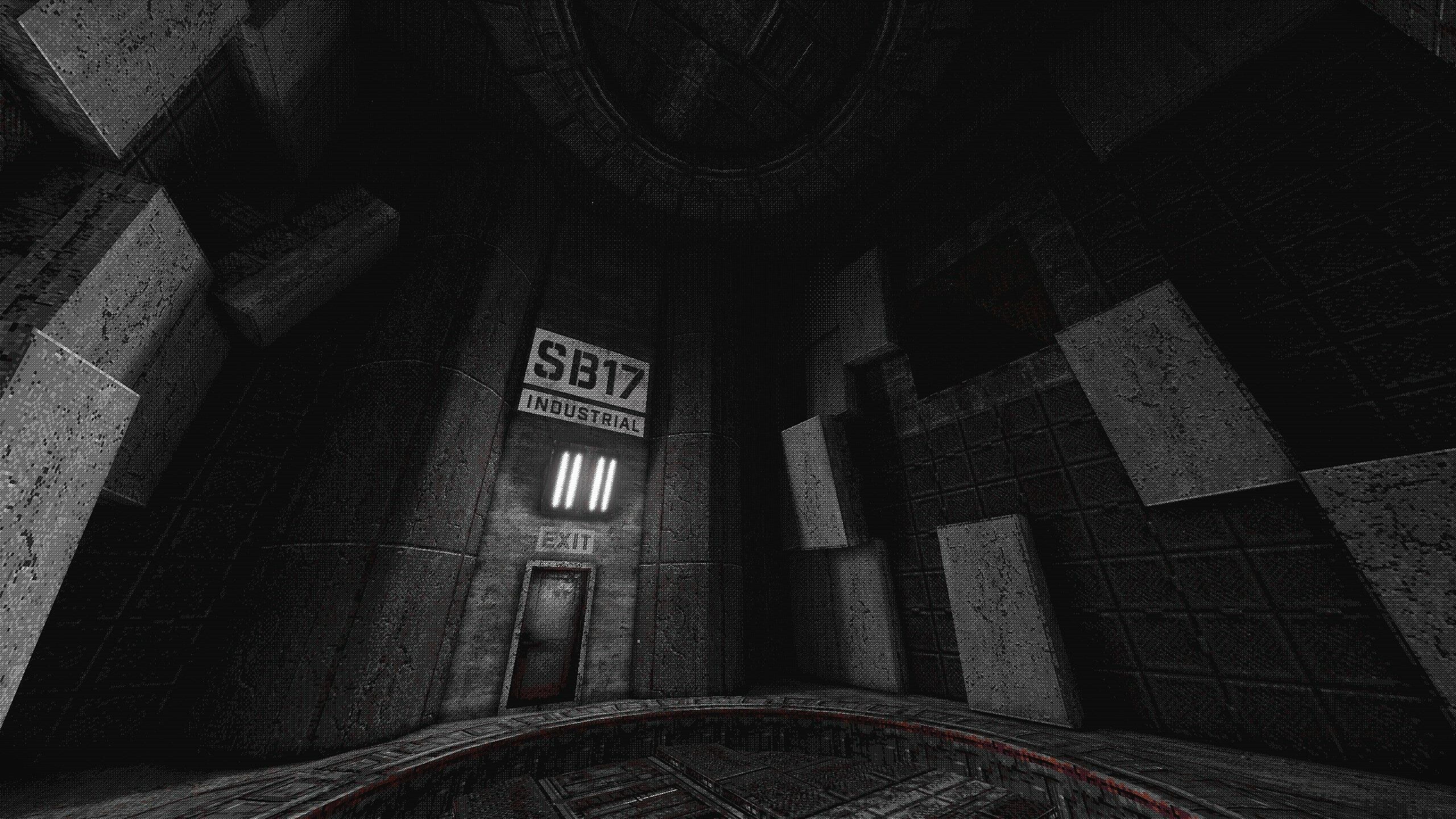 Screenshot from White Knuckle video game of prison door in grey room.