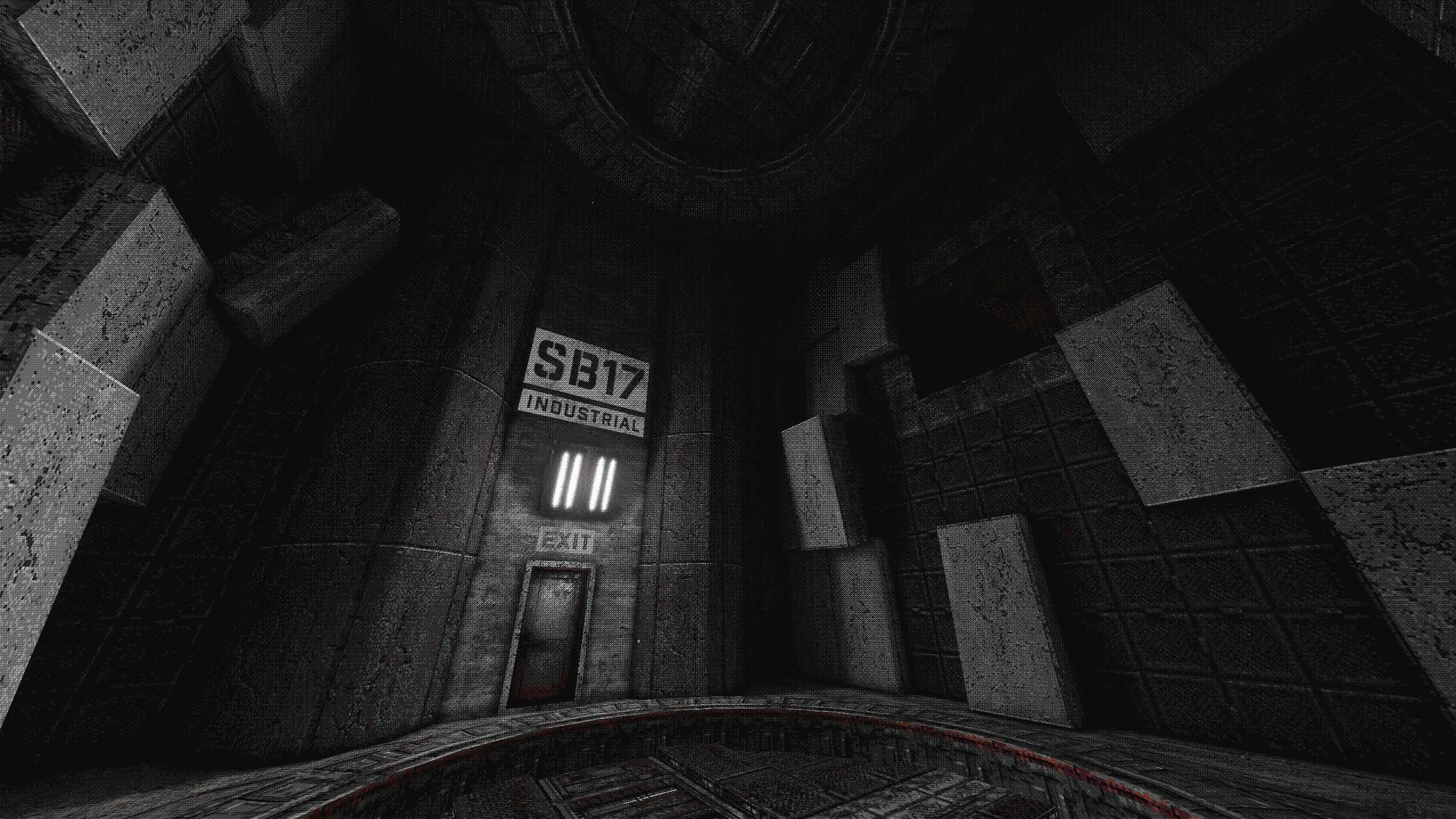 Screenshot from White Knuckle video game of prison door in grey room.