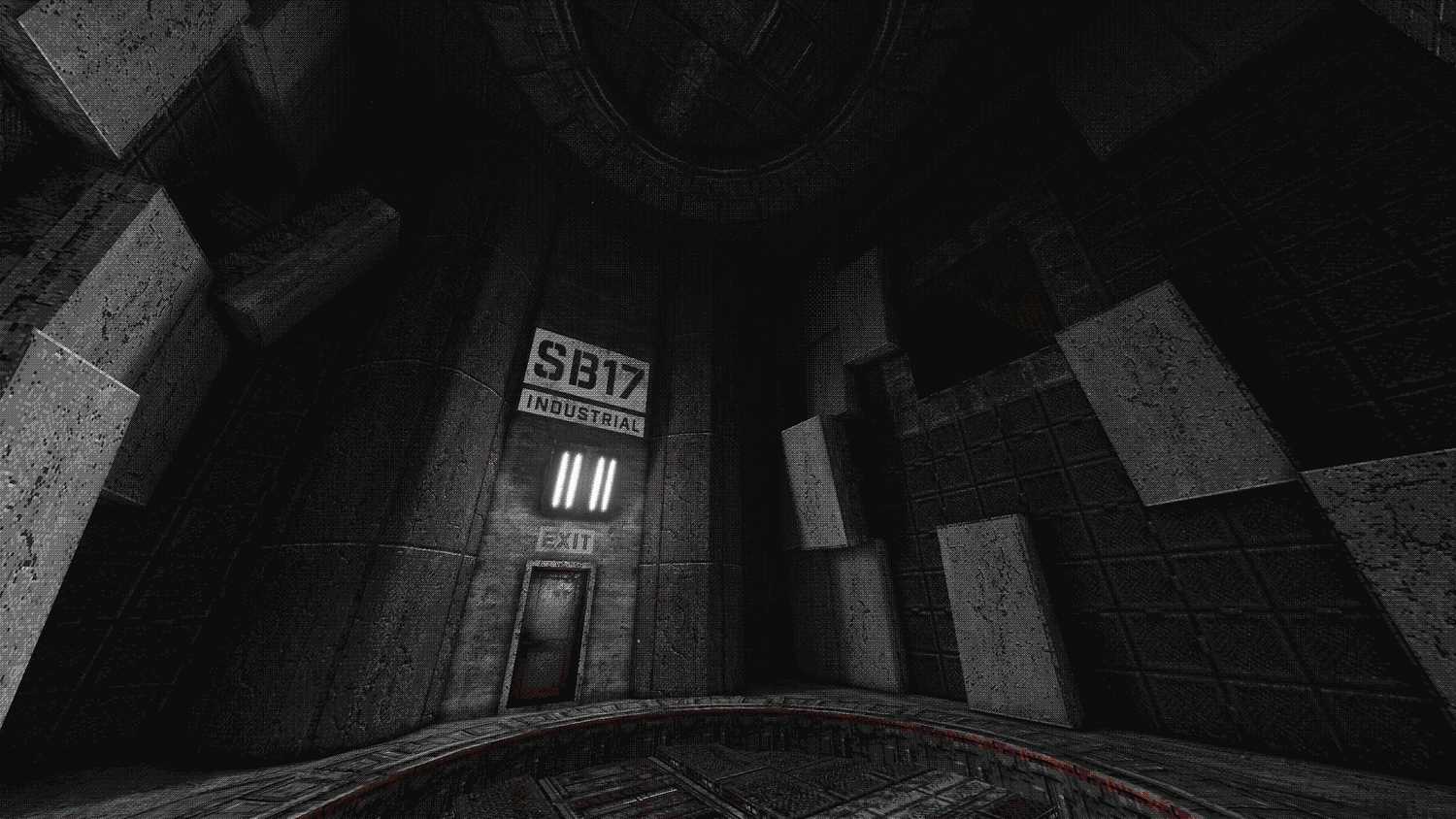 Screenshot from White Knuckle video game of prison door in grey room.