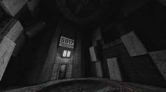Screenshot from White Knuckle video game of prison door in grey room.