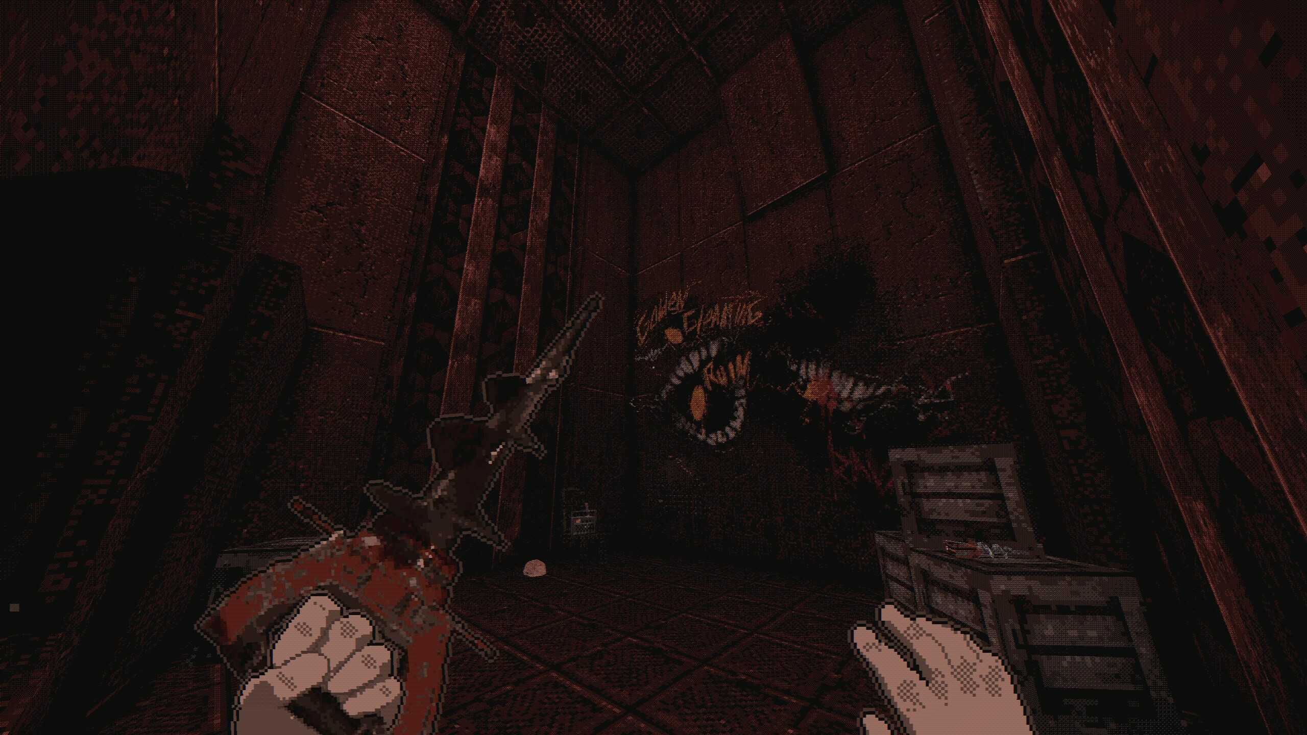 Screenshot from White Knuckle video game of of character with drill in one hand while looking at graffiti
