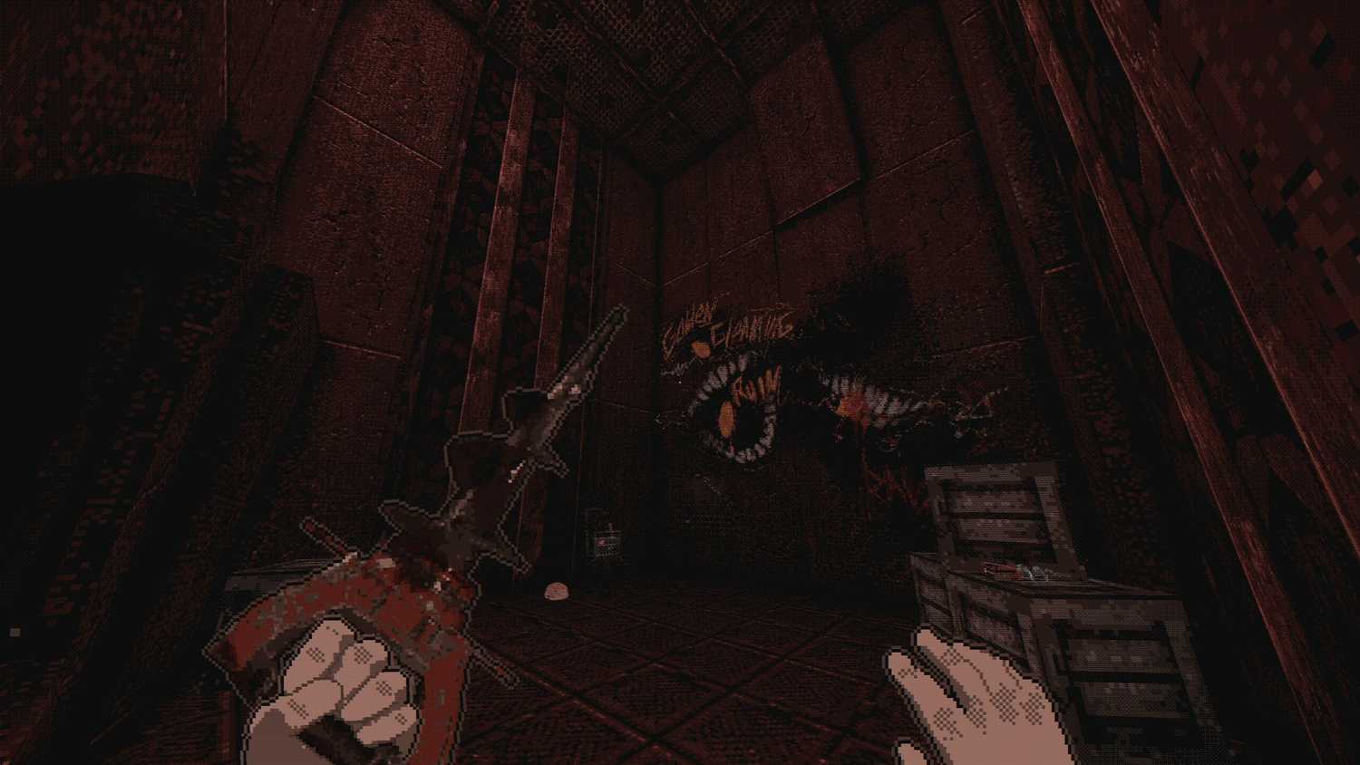 Screenshot from White Knuckle video game of of character with drill in one hand while looking at graffiti
