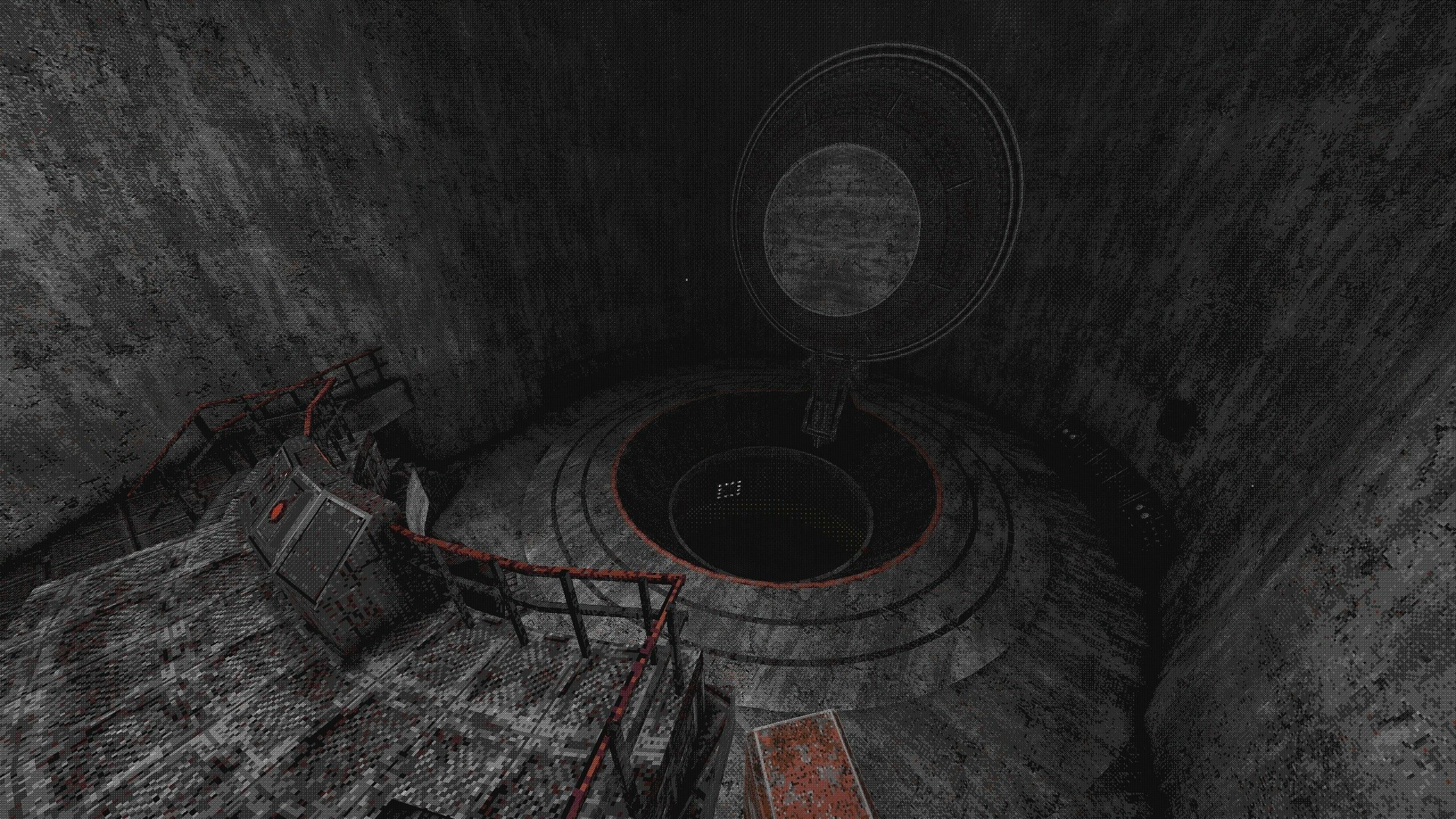 Screenshot from White Knuckle video game of large grey room with a giant well in the middle