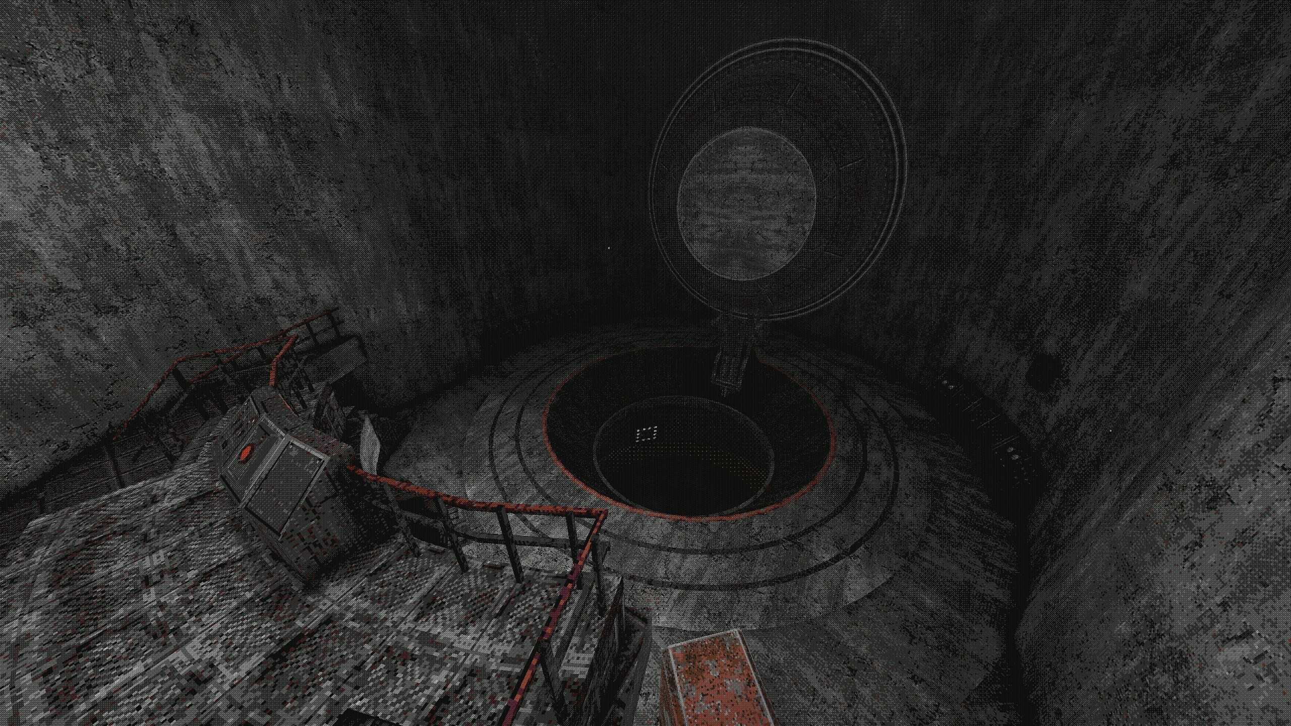 Screenshot from White Knuckle video game of large grey room with a giant well in the middle