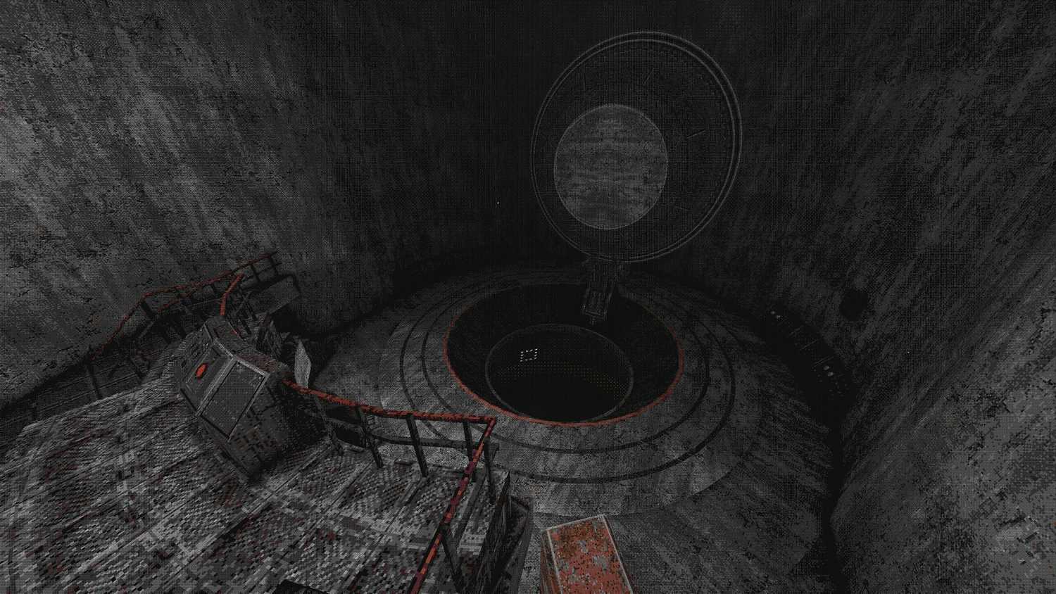Screenshot from White Knuckle video game of large grey room with a giant well in the middle